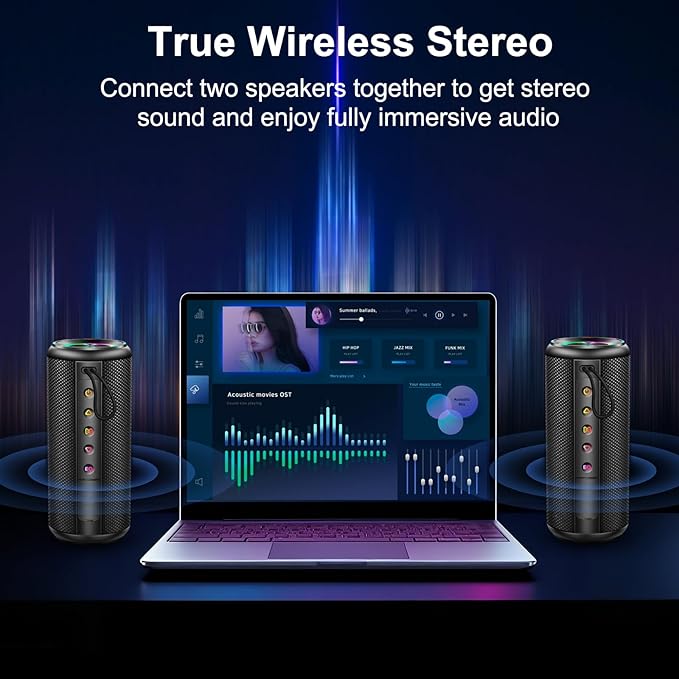 Portable Bluetooth Speaker, Bluetooth 5.4 Wireless Speaker with 20W HD Loud Stereo Sound, 15H Playtime, IP7 Waterproof, LED Lights, TWS Pairing, Built-in Mic, for Outdoor, Home, Party, Beach, Gift