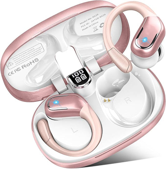 Wireless Earbuds, 75Hrs Bluetooth 5.4 Headphones Sport, Bluetooth Earbuds with ENC Noise Canceling Mic, Bass Stereo Wireless Earphones IP7 Waterproof Over Ear Buds with Earhooks for Running, Rose Gold