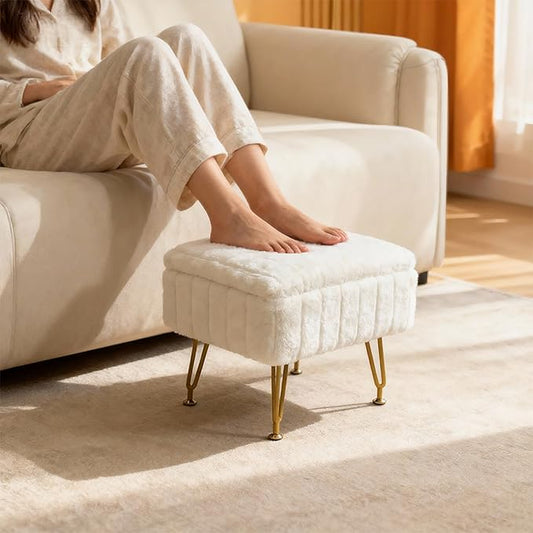 ACEQLYT® Small Foot Stool, Small Ottoman with Storage, White Furry Footstool with Soft Padded Seat & Gold Metal Leg