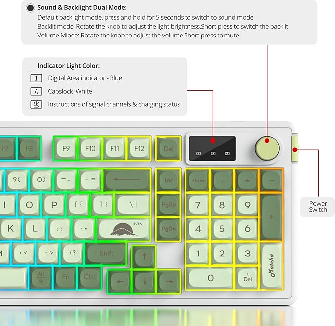 96% Wireless Keyboard with Number Pad and Knob,3-Modes Wired/Bluetooth 5.0/2.4G 98 Keys ABS Ball Caps RGB Quiet Mechanical Feel Membrane Gaming Keyboard for Win/Mac（Matcha）