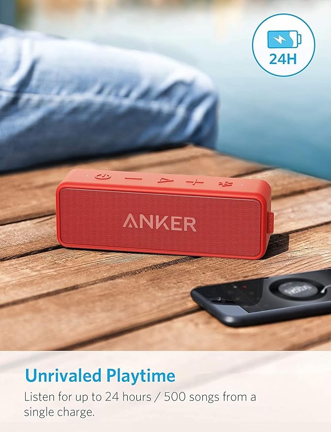 Soundcore Anker 2 Portable Bluetooth Speaker with Better Bass, 24-Hour Playtime, 66ft Bluetooth Range, IPX5 Water Resistance & Built-in Mic, Dual-Driver Wireless Speaker (Red) (Renewed)