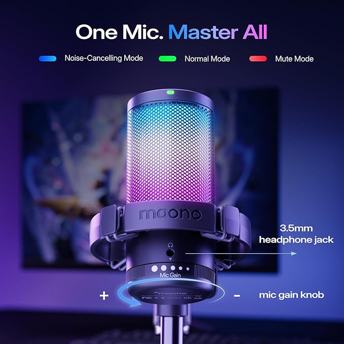 MAONO Gaming USB Microphone, Noise Cancellation Condenser Mic with Mute, Gain, Monitoring, Boom Arm Mic for Streaming, Podcast, Twitch, YouTube, Discord, PC, Computer, PS4, PS5, Mac, GamerWave DGM20S