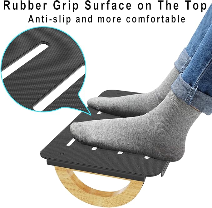 STWWO Ergonomic Rocking Foot Rest for Office, Wooden Footrest for Posture Support & Blood Circulation, Under Desk Chair Foot Rest Metal for Relieve Back, Lumbar Pain