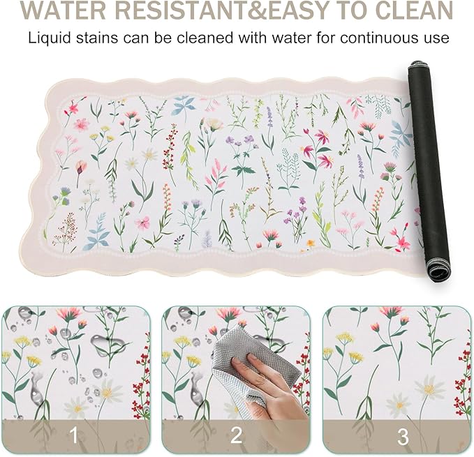 L-SPOUTTO Floral Mouse Pad,Botanical Desk Mat XXL Large Scalloped Gaming Mousepad,35.4x15.7in Non-Slip Keyboard Pad Waterproof Desktop Mat for Laptop Computer Work Game Home Office-Wild Flowers
