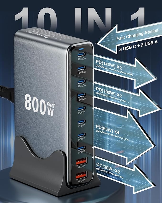 800W USB C Fast Charger Block, 10 Port USB Charging Station，GaNⅢ Desktop Charger Block, Charging Station Hub，PD 3.1/QC 5.0，for All iPad iPhone 17/16Pro Max/DELL HP MacBook pro, Samsung Galaxy Note