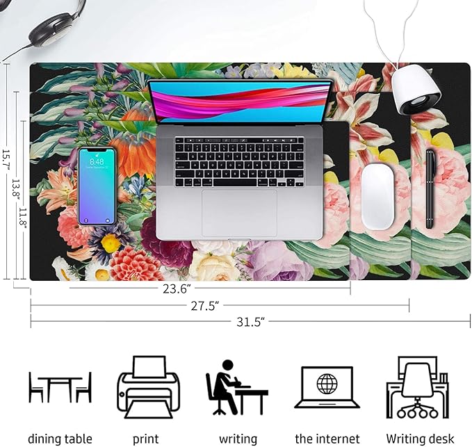 Desk Mat Large Protector Pad 27.5" ×13.8", Non-Slip PU Leather Desk Blotter, Waterproof Mouse Pad for Office Home Bouquet