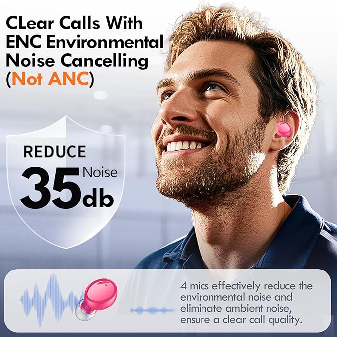 Lanteso True Wireless Bluetooth 5.3 Earbuds, 48H Playtime,Light Weight Headphones in Ear Buds Built in Mic Headset Premium Sound with Deep Bass,Clear Calls Earphones for Sports Workout Hot Pink