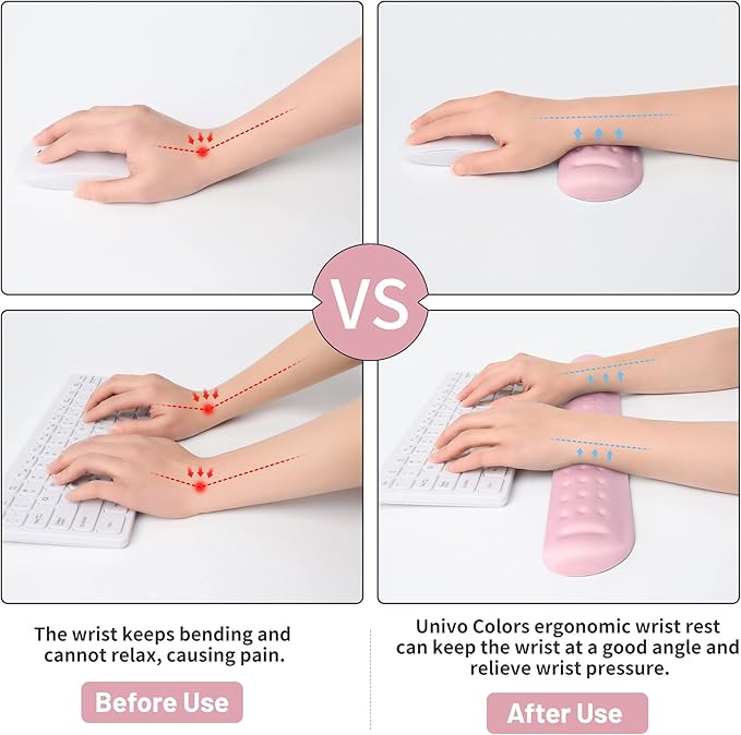 UnivoColors Pink Keyboard Wrist Support and Mouse Wrist Rest Set, Made of Memory Foam Soft Gel, Ergonomic Pad for Computer, Laptop, Mouse, Office, Gaming