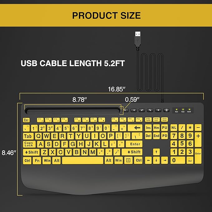 SABLUTE Large Print Computer Keyboards, Wired USB High Contrast with Wrist Rest, Phone Holder Oversized Print Letters Easy to Read for Visually Impaired Vision Individuals (Yellow+Black)