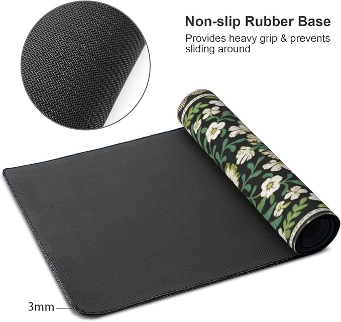 Floral Dark Green XXL Desk Pad - Extra Large Anti-Slip Mouse Pad with Stitched Edges for Computer, Keyboard & Office | Aesthetic Desk Mat for Women, Home Office Decor & Supplies