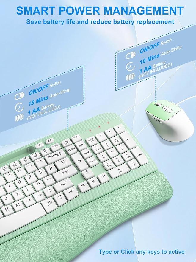 Wireless Keyboard and Mouse Combo, Wave Keys Computer Ergonomic Keyboard with Cushioned Plam Rest, Phone Holder, 2.4GHz Silent 6 Button Wireless Mouse Set for Laptop, PC, Windows, Mac (Mint Green)