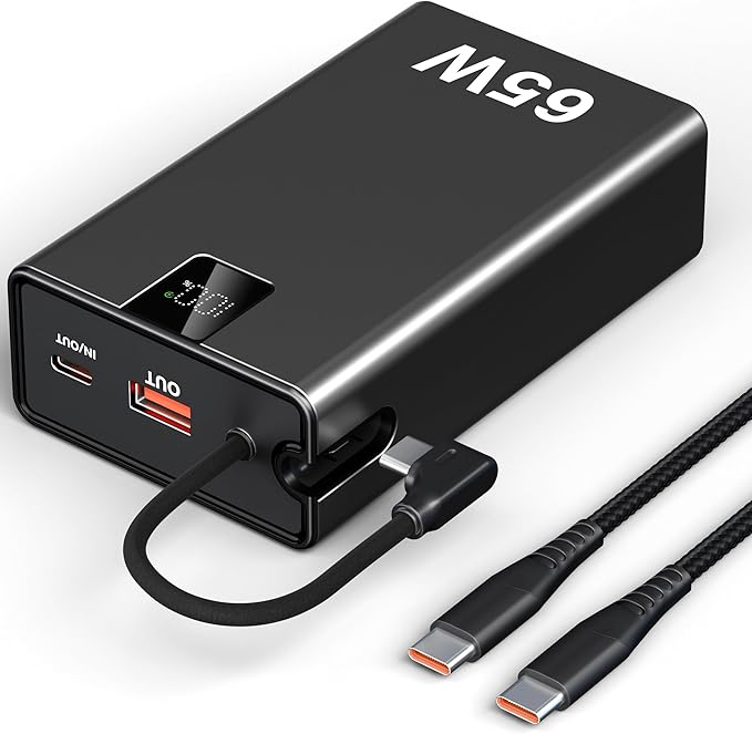65W Power Bank 27000mAh TSA Approved, USB C Metal Laptop Charger Built-in Cable|Total 130W 3 Ports Fast Charging for MacBook,Steam Deck,iPad Pro|Airplane Safe Battery Pack for Travel,College Students