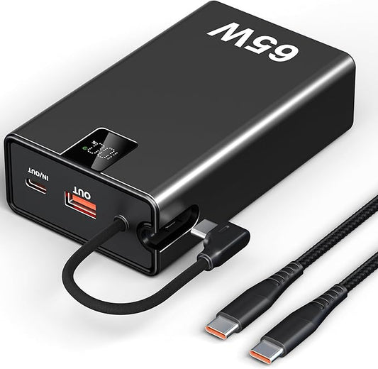 65W Power Bank 27000mAh TSA Approved, USB C Metal Laptop Charger Built-in Cable|Total 130W 3 Ports Fast Charging for MacBook,Steam Deck,iPad Pro|Airplane Safe Battery Pack for Travel,College Students