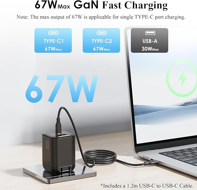 Minthouz 67W GaN Charger, 3-Port Fast Charging Power Adapter with Type-C & USB-A, for iPhone 17/16/15, iPad Pro, MacBook Air/Pro, Galaxy S25/S24, Google Pixel, Compact Travel Charger with 3.9FT Cable