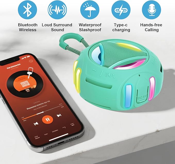 Portable Bluetooth Speaker, IPX7 Waterproof Shower Speaker, Wireless Outdoor Speakers, Floating, Built-in Mic, 24H Playtime with LED Lights, Loud HD Sound, Powerful Bass, Gifts for Unisex - Sky Blue