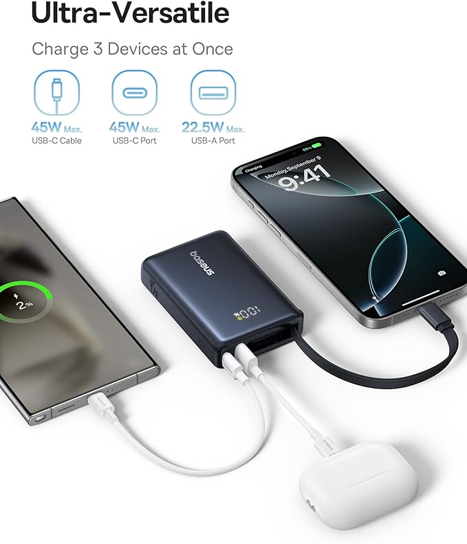 Baseus Power Bank, Picogo 10000mAh 45W 3-Output Portable Charger with Built-in USB-C Cable, PPS/PD QC Fast Charging External Battery Pack for iPhone 17/16/15/14/13, Samsung S25/S24, MacBook Pro, iPad