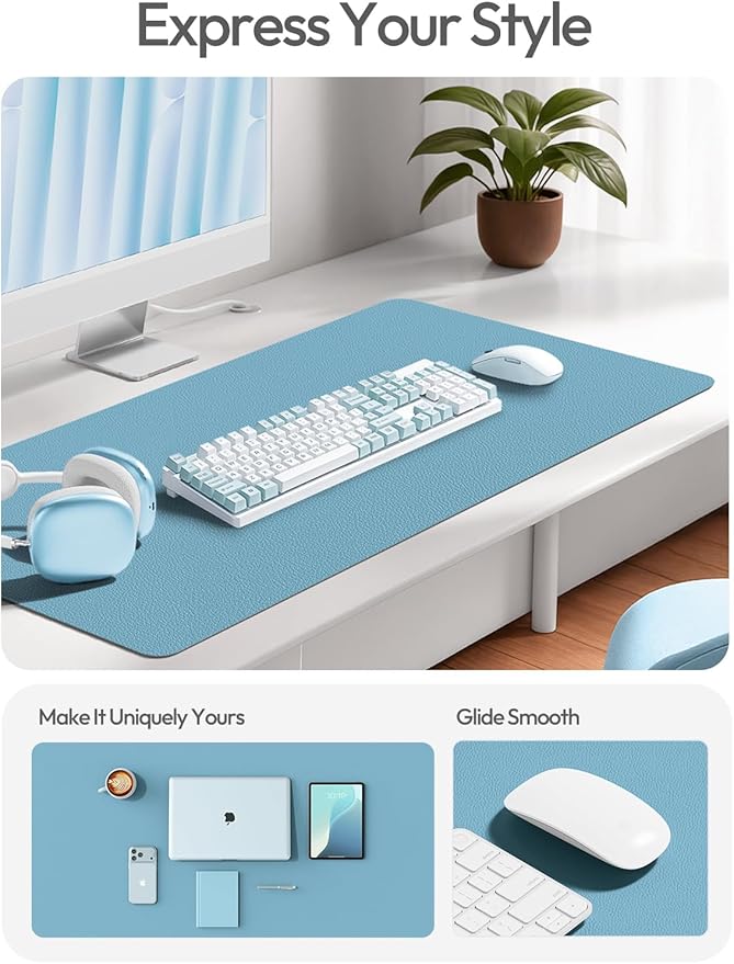 YSAGi Leather Desk Protector, Office Mat, Large Mouse Mat, Non-Slip PU Leather Blotter, Laptop Desk Pad, Waterproof Writing Pad for Office and Home (Sea Blue, 31.5" x 15.8")
