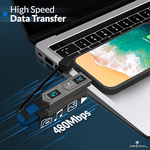 Magnetic 4 in 1 Multi Charging Cable with LED Display, Portable Keychain Charger, Lightning/Type C/USB A/USB C Ports for iPhone iPad Mac AirPods Samsung Google, (65W) Blue MFI Certified