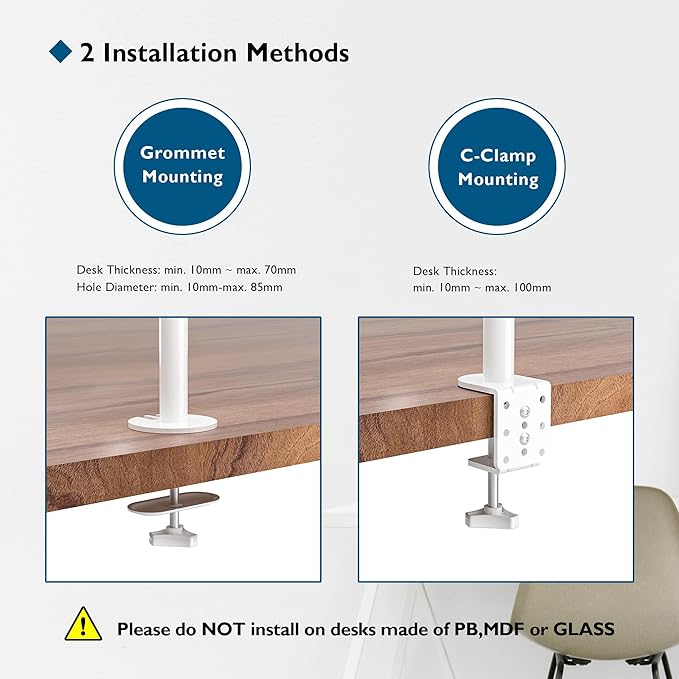 BONTEC Dual Monitor Desk Mount, Full Motion Adjustable White Monitor Stand for 13–27 Inch Screens, Heavy Duty Arms Hold 22 lbs Each, VESA 75x75/100x100, C Clamp and Grommet Base, Cable Management