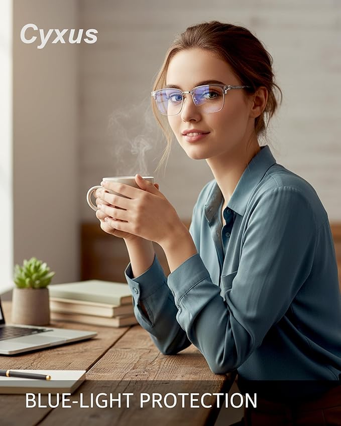 Cyxus Retro Blue Light Glasses Men - Square TR90 Metal Blowline Frame Stylish Trendy for Computer Daily Work 8252