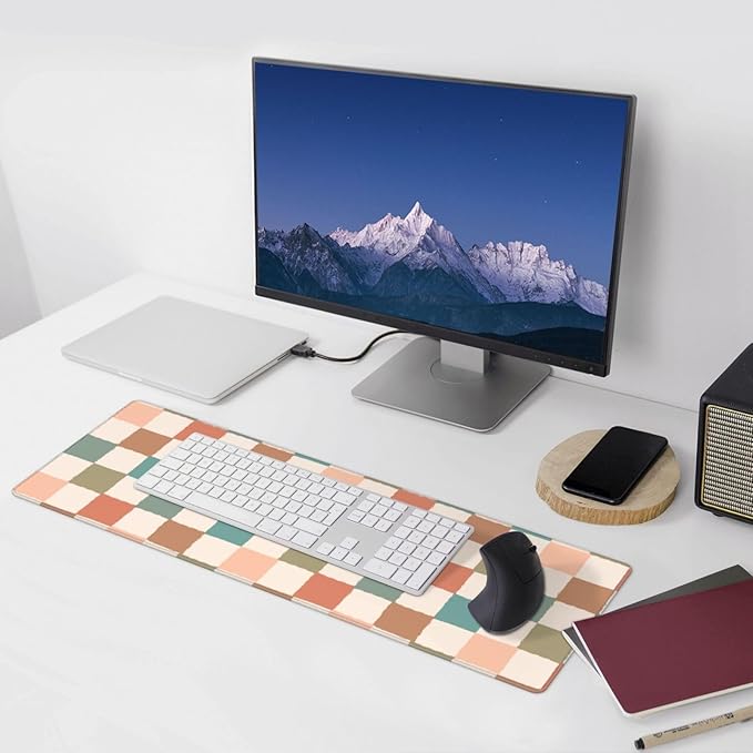 Boho Checkered Brown Gaming Mouse Pad Desk Mat for Home and Office, Large Mousepad Extended Keyboard Pad Stitched Edge Accessories Decor