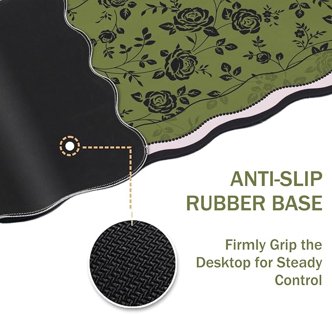 L-SPOUTTO Green Floral Mouse Pad,Aesthetic Desk Mat XXL Large Scalloped Gaming Mousepad,35.4x15.7in Non-Slip Keyboard Pad Waterproof Desktop Mat for Laptop Computer Work Game Office-Vintage Roses