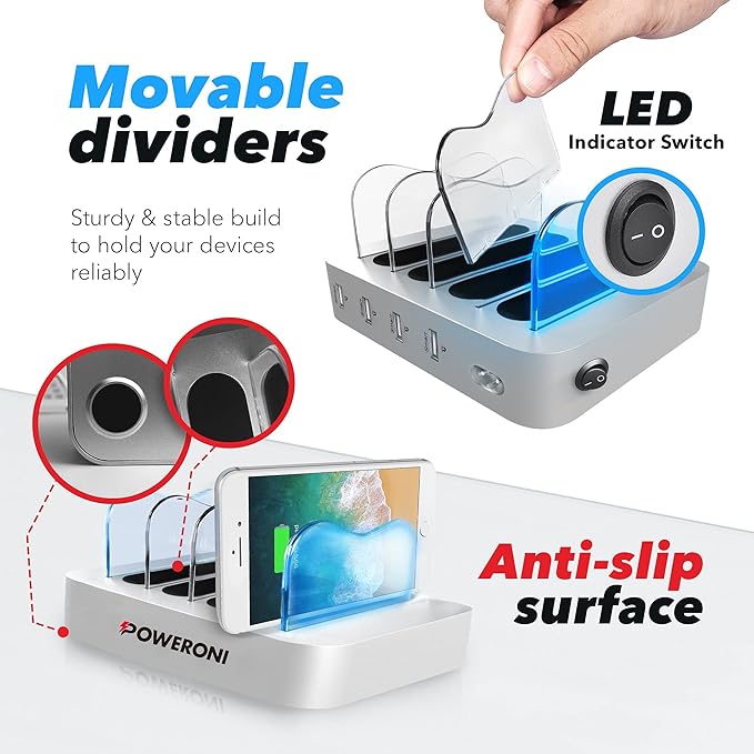4 Port Charger Station - Fast Charging Dock for Multiple Devices Apple - Multi Device USB Charging Station - Compatible with Apple iPad, iPhone, Android, and Tablet - Charging Rack