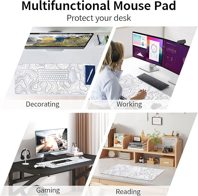 White Mouse Pad, 31.5" x 11.8" White Desk Mat Topographic Mouse Pad for Desktop, Large Gaming Mousepad with Stitched Edges, XL Long Mousepad Big with Rubber Base for Office Gaming Home