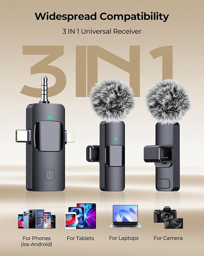 3-in-1 Microphone for iPhone, Android, Camera, Wireless Microphones, Mini Microphone, Lapel Mic with Noise Reduction, Crystal Clear Sound & 7H Battery for Recording, YouTube, Podcast