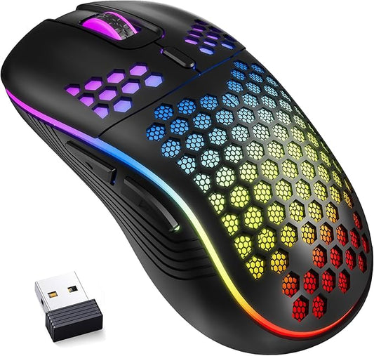 MELOGAGA Wireless Gaming Mouse Honeycomb 2.4G USB Cordless Mouse RGB Rechargeable PC Game Mice with 7-Color LED Lights???4 Adjustable DPI for Windows Laptop Desktop Computers (Black)