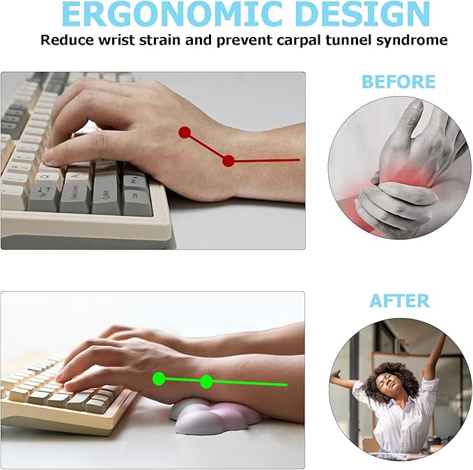 Cloud Wrist Rest Keyboard, PU Leather Memory Foam Wrist Support for Computer Keyboard, Ergonomic Keyboard Pad and Cute Mouse Wrist Pad for Gaming, Office, Computer, Easy Typing Pain Relief, Rainbow