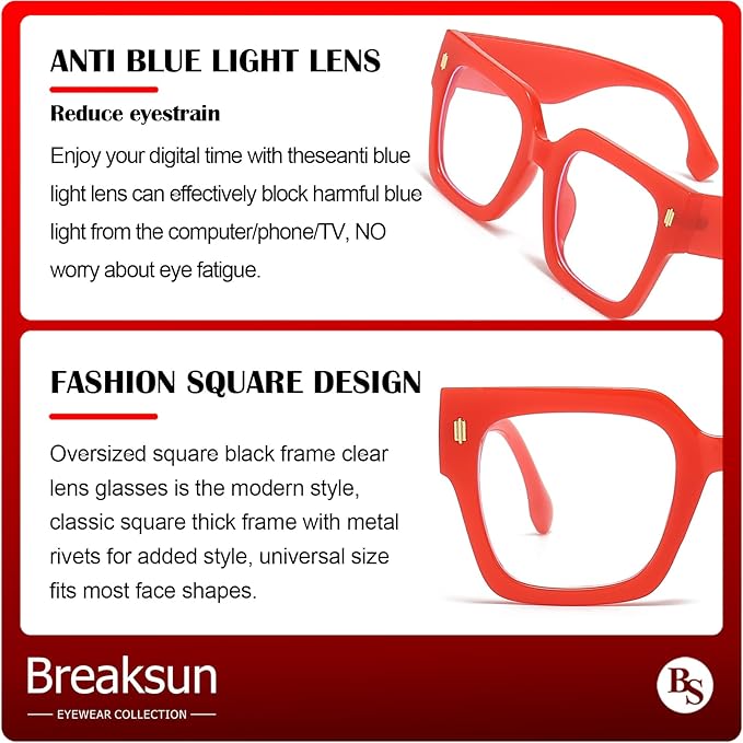 Breaksun Fashion Oversized Blue Light Blocking Glasses for Women Men Trendy Big Square Frame Computer Eyeglasses