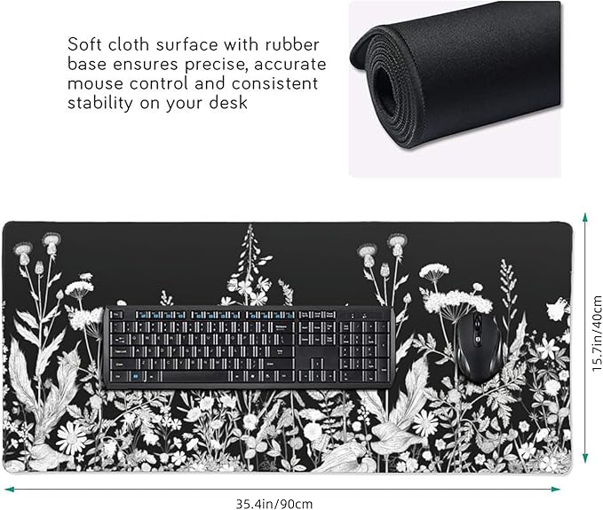 Large Floral Mouse Pad for Women, Black White XXL Desk Mat with Anti-Slip & Stitched Edges, Aesthetic Desk Pad for Keyboard and Mouse, Cute Office Supplies & Home Decor for Computer Desktop
