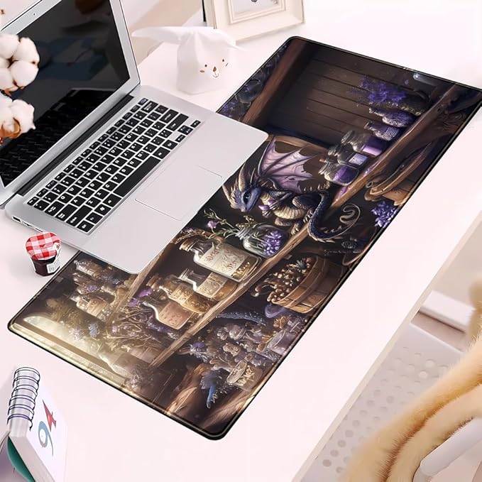 Purple Dragon Desk Mat Cute Large Gaming Keyboard Mouse Pad, Dragon Magic Desk Pad Extended Mouse Pad Gaming Office Decor for Pc Laptop Mouse Pads (31.5x15.7 in) with Stitched Eges Non-Slip Base