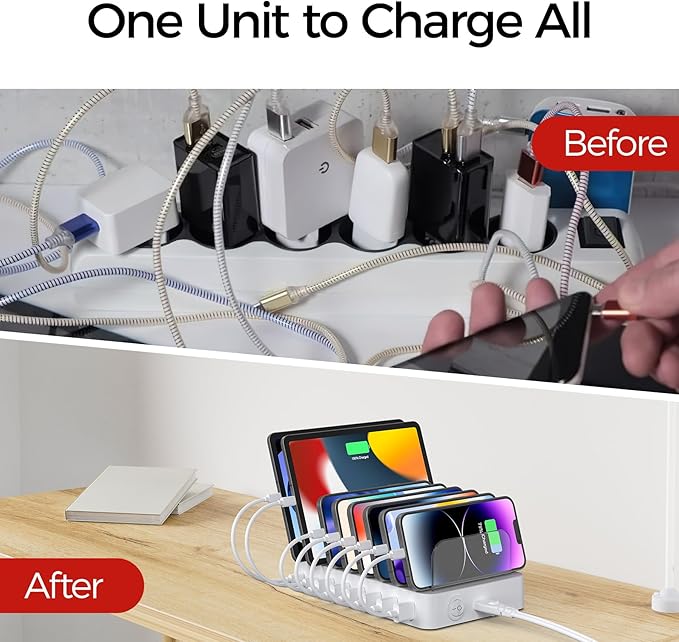 Unitek 8 Port USB C Charging Station - 2X 20W PD USB-C & 6 USB-A Ports Multi Device Charger Dock for iPad, iPhone, Samsung Tablets White Tablet Organizer & Charger