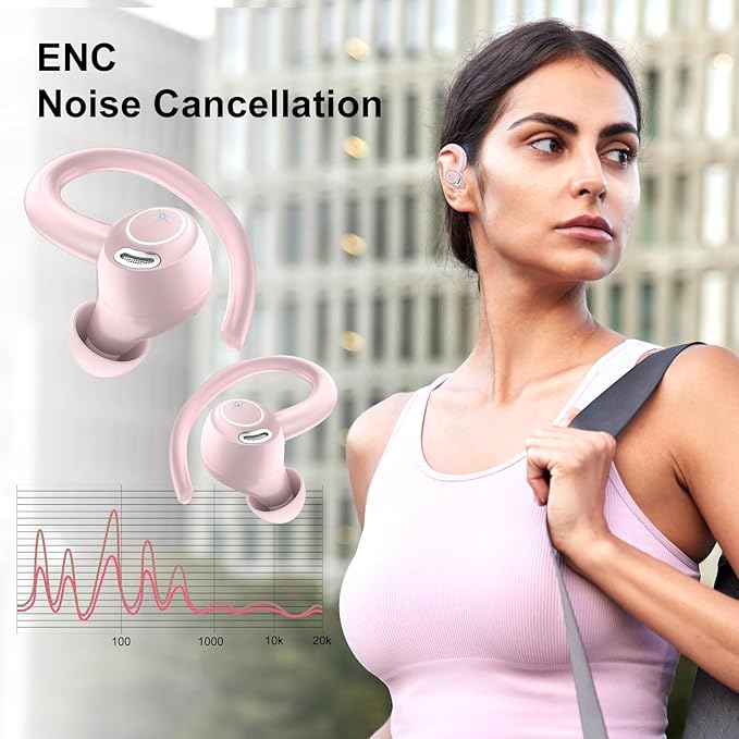 Wireless Earbuds Bluetooth 5.3 Headphones Sports, 48H Over Ear Buds with ENC Mic, Stereo Deep Bass Bluetooth Earbuds with Secure Earhooks, LED Display, IPX7 Waterproof Earphone for Running/Gym Rose