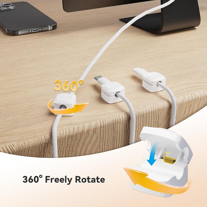 Rotatable Cord Organizer, Enhanced Spring Cable Clips, Strong Adhesive Cable Management, Desk Cord Holder for Nightstand, Office Accessories and Car (8*White) - Image 2