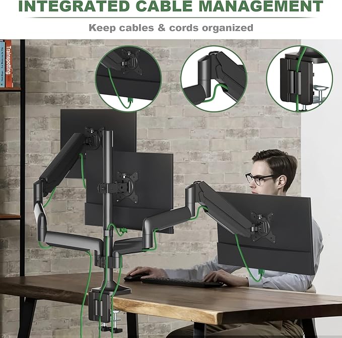 UPGRAVITY Triple Monitor Stand for Three Computer Screens up to 32”, Heavy Duty C-Clamp Base, Fully Adjustable Gas Spring 3 Monitor Desk Mount Arms Hold up to 30.9 lbs Each