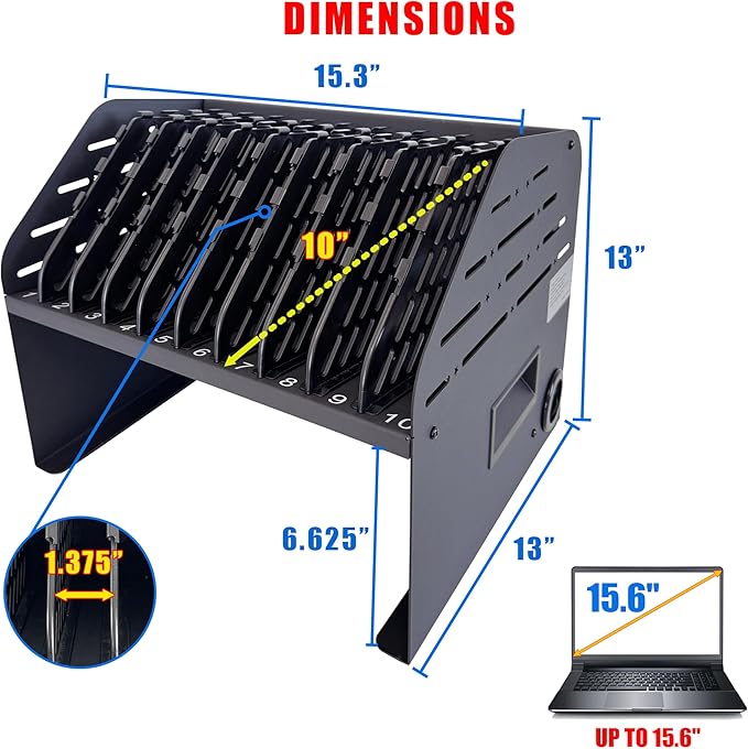 Laptop Charging Station for Classroom, Office, or Home, 10-Device Organizer with 6 AC Outlets & 4 Fast-Charging USB Ports, Fits Laptops, Tablets & E-Readers up to 1.3" Thick, 15.6"