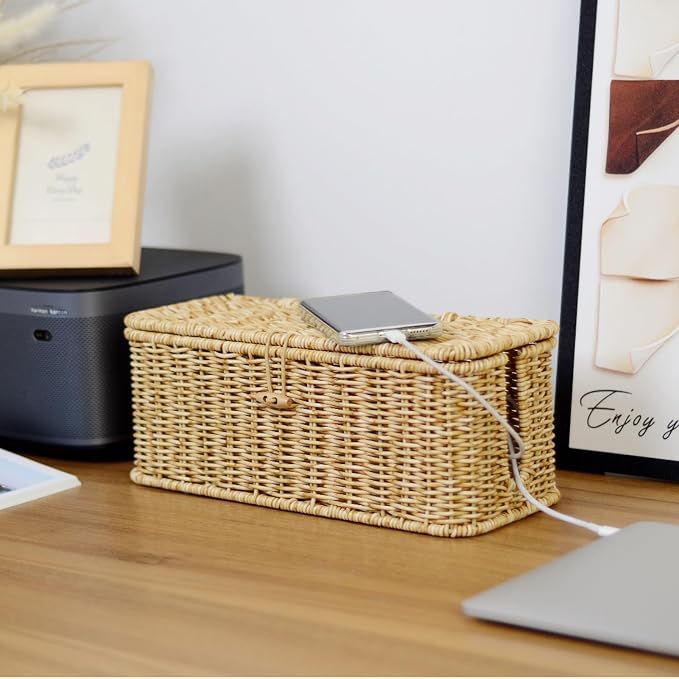 BROWNLILY Cable Management Box, Rattan Style Cord Organizer for Desk Cord Hider Outlet Covers Baby Proofing for Power Strip TV PC Router Charger Under Desk Storage with Lockable Lid and Cable Ties - Image 8