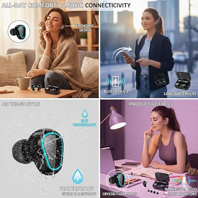 Wireless Earbuds, Bluetooth 5.3 Ear Buds LED Power Display Headphones 30H Playtime Stereo Earbuds with Comfort Lightweight in Ear Earphones for Workout/Running