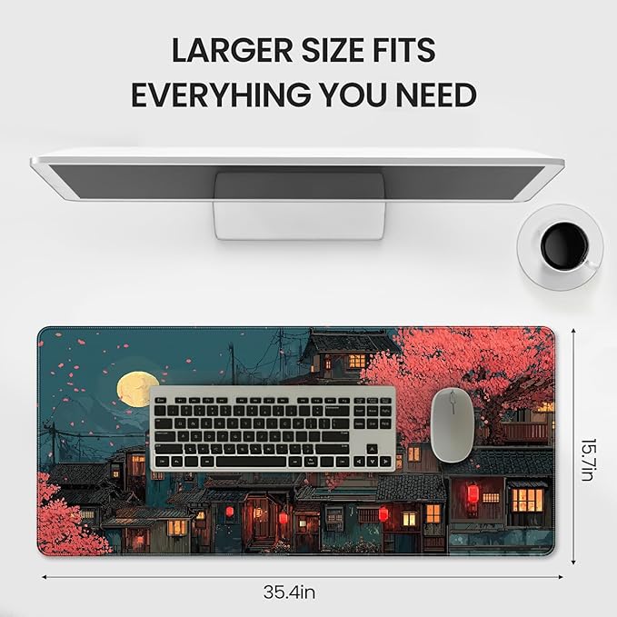 Japanese Anime Cherry Blossom Night Scene Mouse Pad, XXL Extended 35.4 x 15.7 Inch Desk Mat, Non-Slip Rubber Base, Microfiber Cloth Surface, Game Table mat