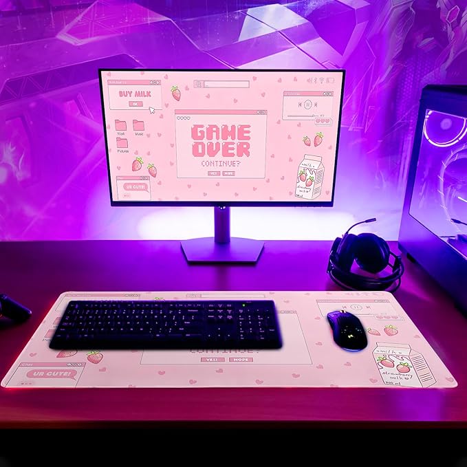 Pink Gaming Mouse Pad 27.6x11.8 Inch Pastel Game Over Large Mousepad Kawaii Office Decor for Women Non-Slip Rubber Base Stitched Edges Keyboard Mouse Mat Desk Pad for Office Home and Game