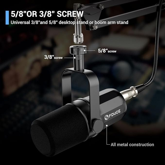 FDUCE XLR Dynamic Microphone for Vocal Recording, Podcasting, Gaming, Live Streaming&Broadcasting, All Metal Cardioid Mic, Voice-Isolating Technology, with Boom arm SL40X+
