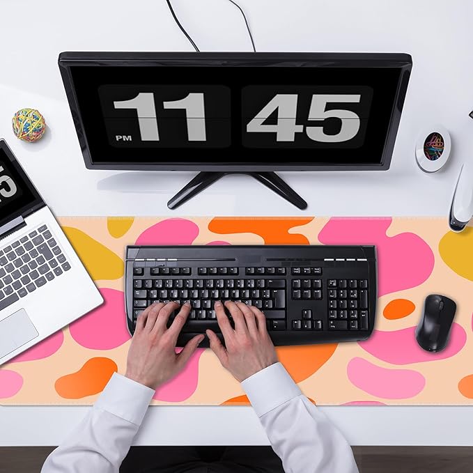 Boho Pink Desk Mat Modern Abstract Cute Large Mouse Pad XL 31.5x11.8in 3mm Non-Slip Rubber Base Extended Kawaii Pink Mousepad Stitched Edges Keyboard Mouse Mat Desk Accessories for Women Office Decor