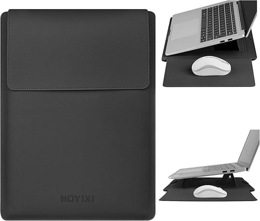 HoYiXi 15.6" Laptop Sleeve Case PU Leather with Stand Compatible with MacBook Pro 16/15.4'' MacBook Pro 15, Mac Air 15/ Dell, Matebook,Asus,15-16'' Laptop Bag,(Patent Pending),Black