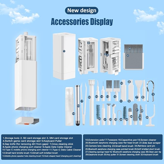 Keyboard Cleaning Kit Laptop Cleaner, 32-in-1 Computer Screen Cleaning Brush Tool, Multi-Function PC Electronic Cleaner Kit for iPad iPhone Pro, Earbuds, Camera Monitor(White) - Image 5
