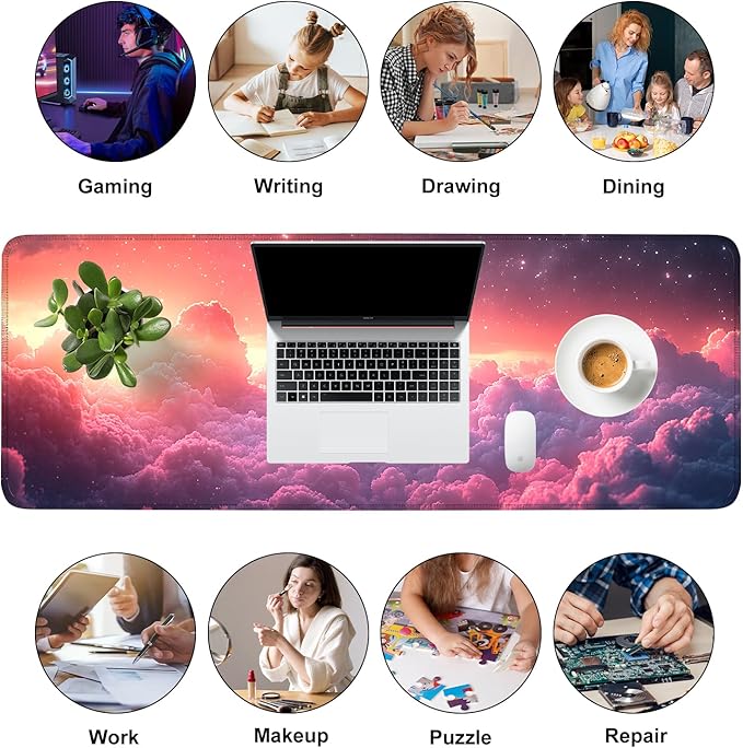 Mouse Pad, Large Anti-Slip with Stitched Edges Desk Mat Desktop Laptop Computer Desk Keyboard Mat,Table Protector Blotter Mat (Cloud, 31.5" x 11.8")
