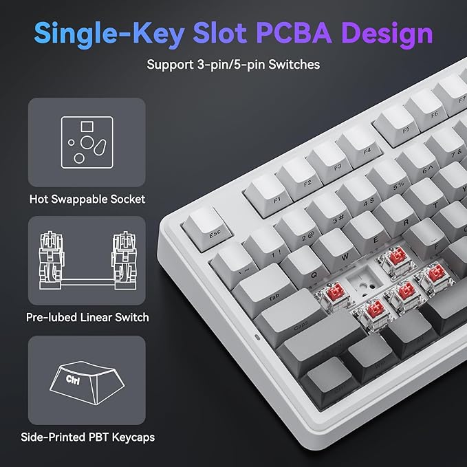 TECURS 75% Mechanical Keyboard for Gaming & Office, Creamy Sound, Gasket Mount, Hot-Swap RGB Backlit 81 Keys Keyboard for Laptop/PC/Mac, 2.4G/Bluetooth/Wired Mode, Gradient Grey