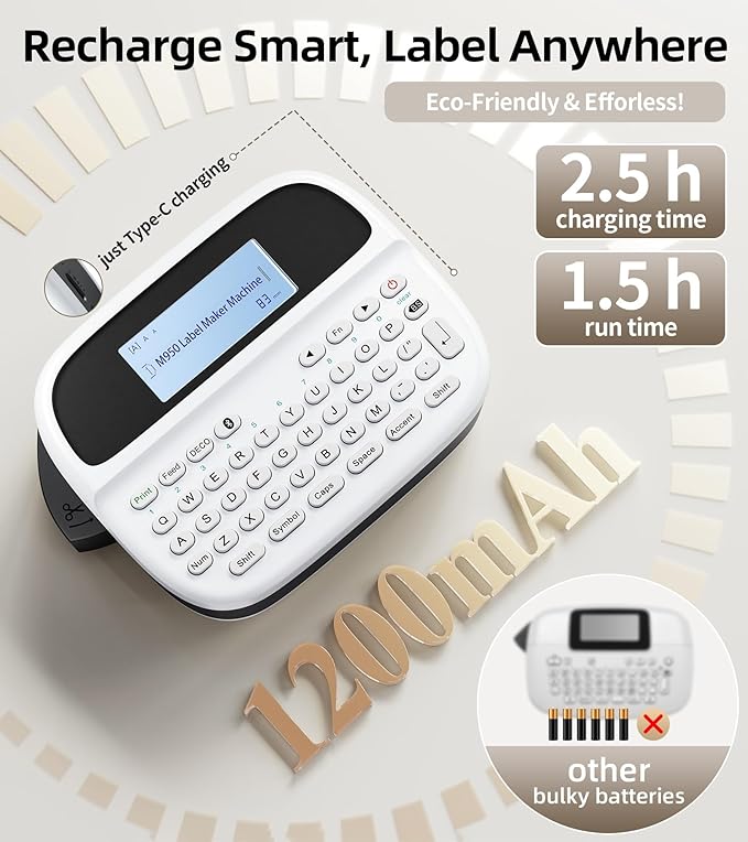 Label Maker Machine with 4 Tapes, M950 Rechargeable Backlit Portable Labelmaker, Inkless 12mm Label Printer for Pantry Organizer, Waterproof Removable Freezer Food-Labels for Jars/Containers/Bottle